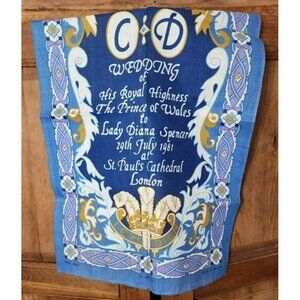 Vtg Royal Wedding Irish Tea Towel Linen Charles And Diana 1981 Blue Gold White